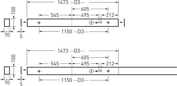 Technische Zeichnung von zwei rechteckigen Balken mit genauen Abmessungen: Länge 1473 bis 1150 mm, Breite 100 mm und Höhe 70 mm.