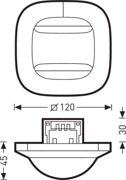 Abbildung zeigt einen runden Einbausensor mit einem Durchmesser von 120 mm und einer Tiefe von 30 mm. Gewicht: 45 g.