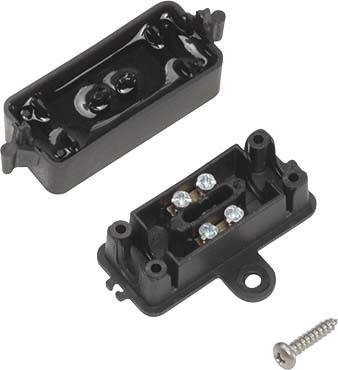 Elektrische Anschlussschalter, zwei Teile, schwarz, mit Schrauben zur Befestigung, geeignet für Kabelverbindung in Elektrogeräten.