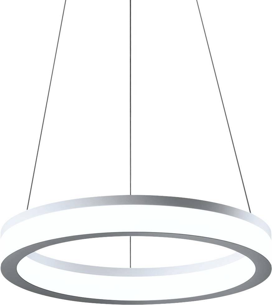 Eine moderne, runde Pendelleuchte mit zwei leuchtenden LED-Ringen hängt an dünnen Drähten. Sie strahlt helles, gleichmäßiges Licht aus.