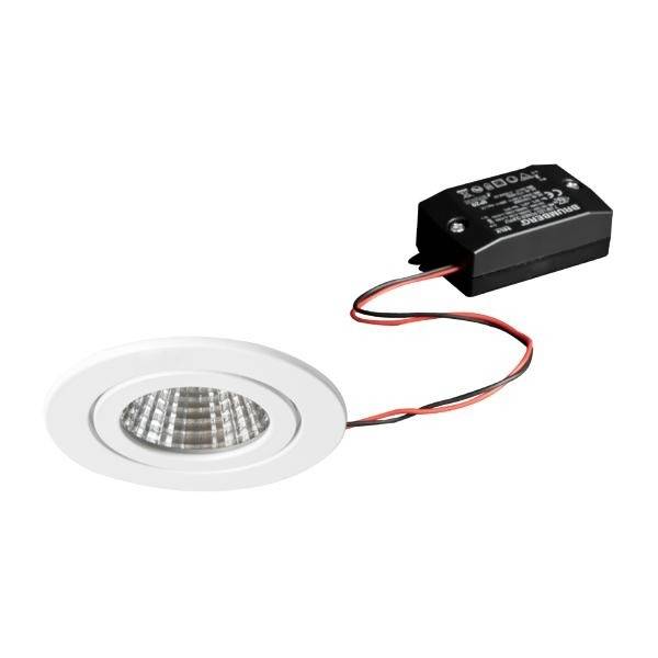 LED-Einbaustrahler mit weißem Gehäuse und schwarzem Trafo. Geeignet für Deckenmontage. Stromkabel verbunden mit Trafo. Ideal für Innenbeleuchtung.