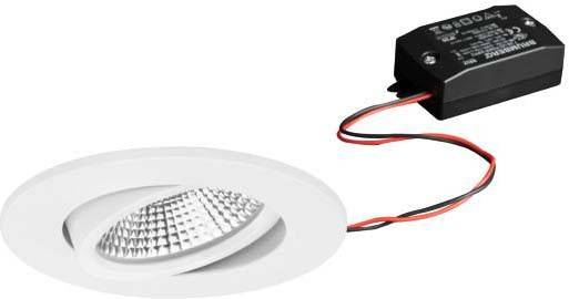 Ein rundes, weißes LED-Einbauleuchtmittel mit Gitterstruktur auf der Oberfläche; Kabel sind an ein schwarzes Gehäuse angeschlossen.