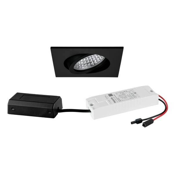 Schwarzer, rechteckiger LED-Einbaustrahler mit weißem Kabel und Steuergerät, für moderne Innenbeleuchtung.