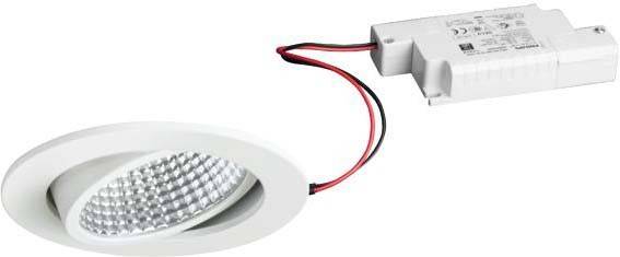 Weißes, rundes LED-Einbaulicht mit verbundenem Transformator, geeignet für Deckenmontage.