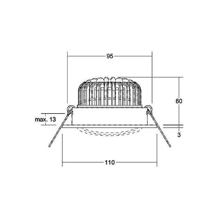 Technische Zeichnung einer runden LED-Leuchte mit Einbaumaßen: Durchmesser 95 mm, Höhe 60 mm, max. Einbautiefe 13 mm.