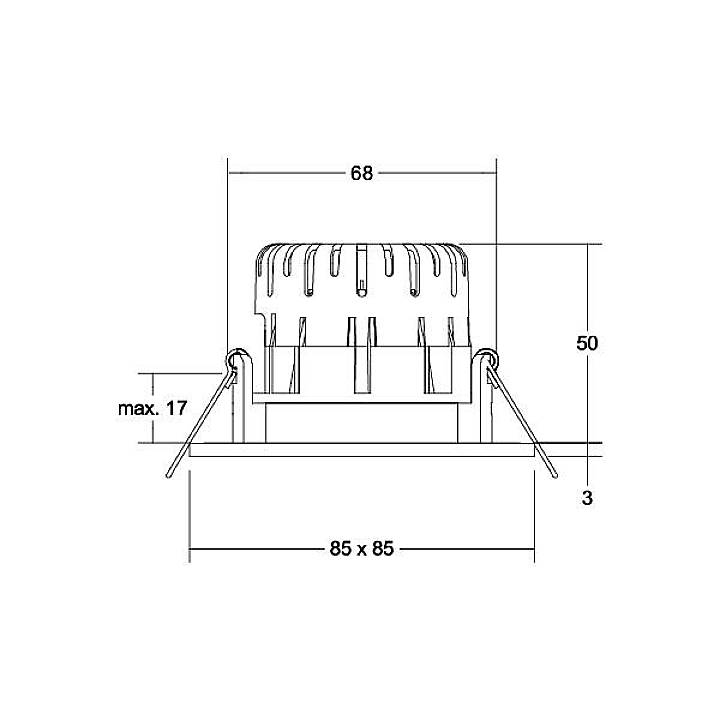 Technische Zeichnung eines quadratischen Einbauleuchtkörpers mit Maßen: 85 x 85 mm Rahmen, 68 mm Lampendurchmesser, 50 mm Tiefe.
