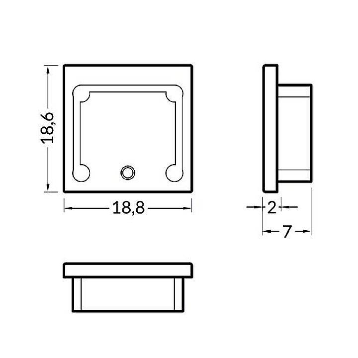 Technische Zeichnung eines quadratischen Elements mit Maßen: 18,8 cm x 18,6 cm x 2 cm. Seitenansicht zeigt eine Tiefe von 7 cm.