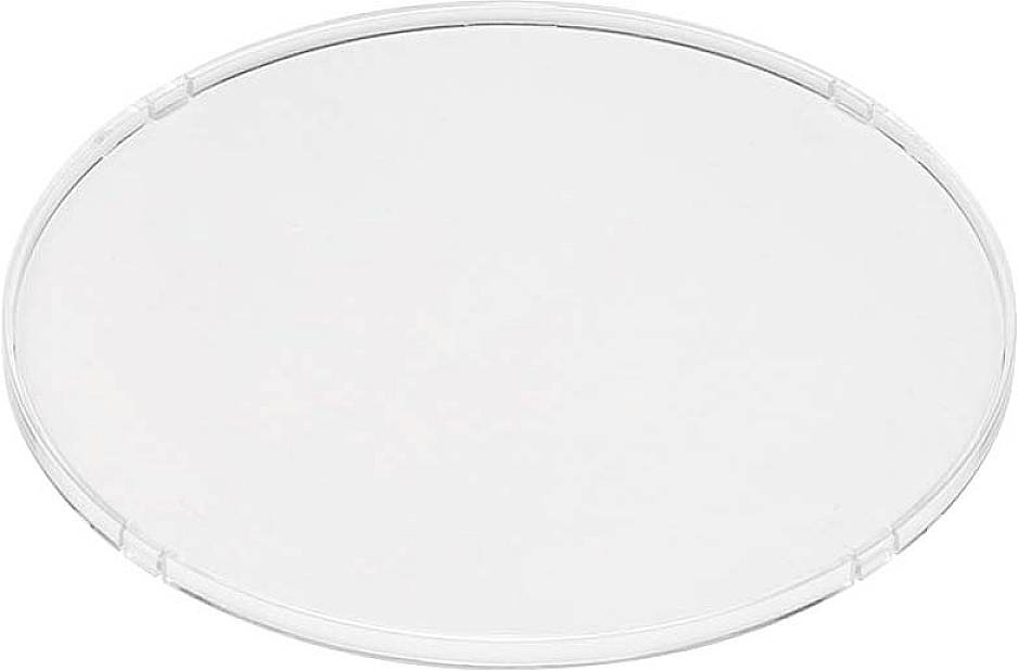 Eine transparente, ovale Kunststoffabdeckung, möglicherweise für einen Behälterdeckel, zeigt schlichte, klare Linien ohne Muster.