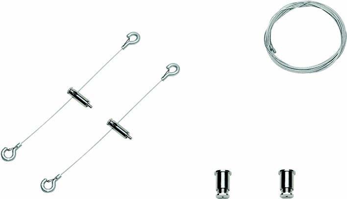 Zwei Drahtseile mit Haken und Verschluss, vermutlich für eine Hängelampe oder Dekoration.