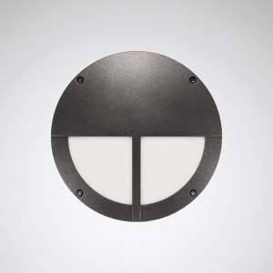 Runde schwarze Wandlampe mit zwei Halbkreisen, die durch eine horizontale und vertikale Linie getrennt sind.