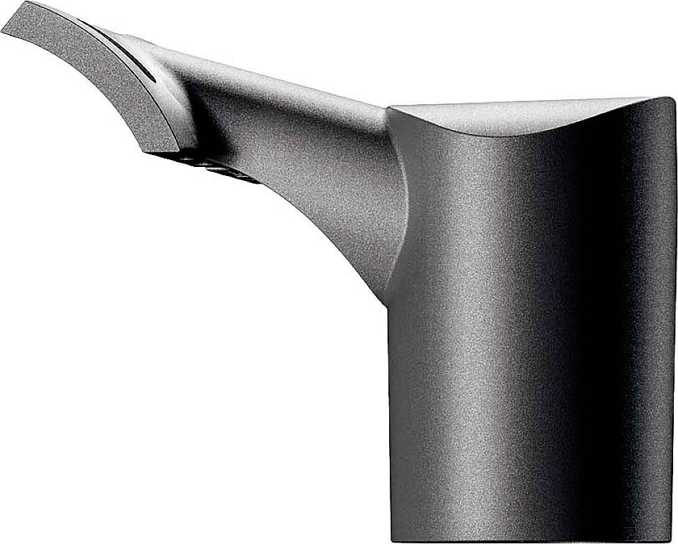 Ein moderner Wasserhahn mit elegantem, abgeschrägtem Design in mattem Schwarz, ideal für ein stilvolles Badezimmer.