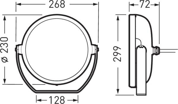 Technische Zeichnung einer runden Lampe mit Halterung. Vorderansicht zeigt einen Durchmesser von 230 mm, Seitenansicht zeigt eine Tiefe von 72 mm.