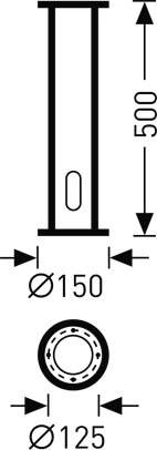 Technische Zeichnung eines zylindrischen Objekts mit einem Durchmesser von 150 mm und einem vertikalen Pfeil rechts, das die Höhe anzeigt.