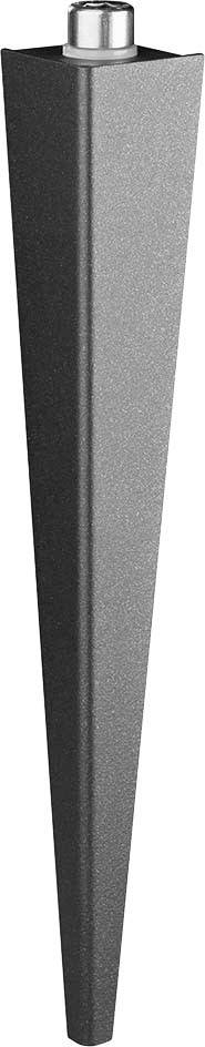 Ein einzelnes stahlgraues Möbelfuß in konischer Form mit einer metallischen Halterung oben, geeignet für Tische oder Stühle.