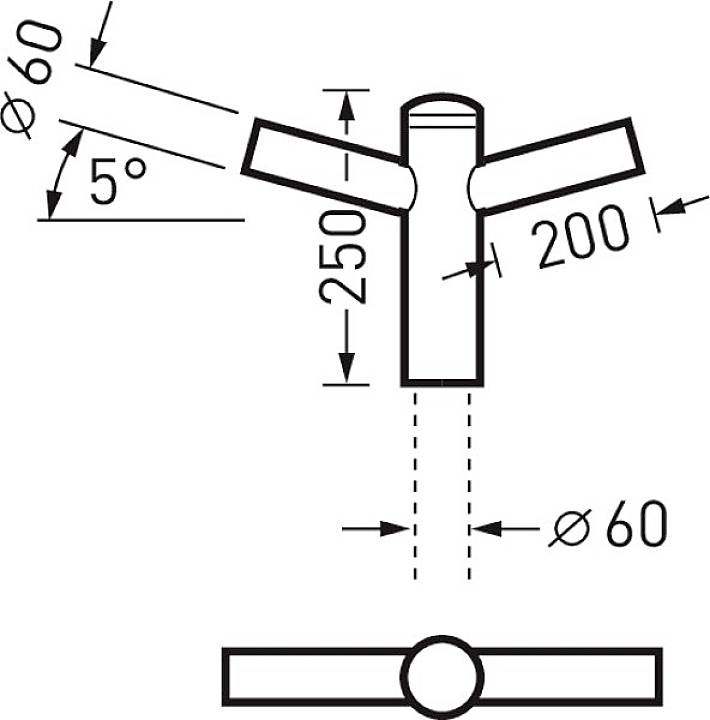 Schema zeigt ein T-förmiges Rohrstück. Hauptrohr: Durchmesser 60, Länge 250. Seitliche Rohre: 200 lang, 5°-Neigung.