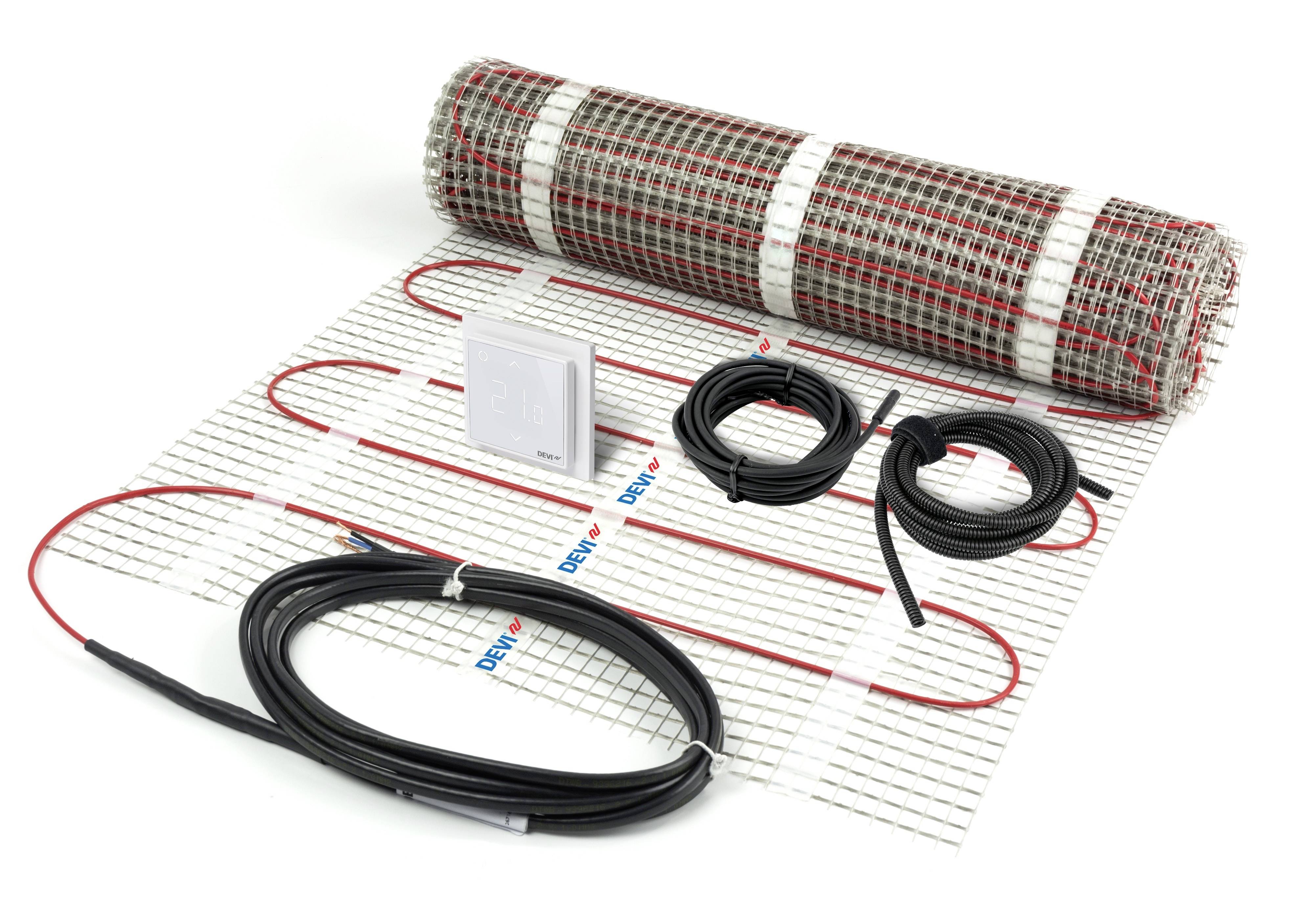 Fußbodenheizung-Set mit Heizmatte, Thermostat und Kabeln. Ideal zur Installation in Wohnbereichen für gleichmäßige Wärmeverteilung.