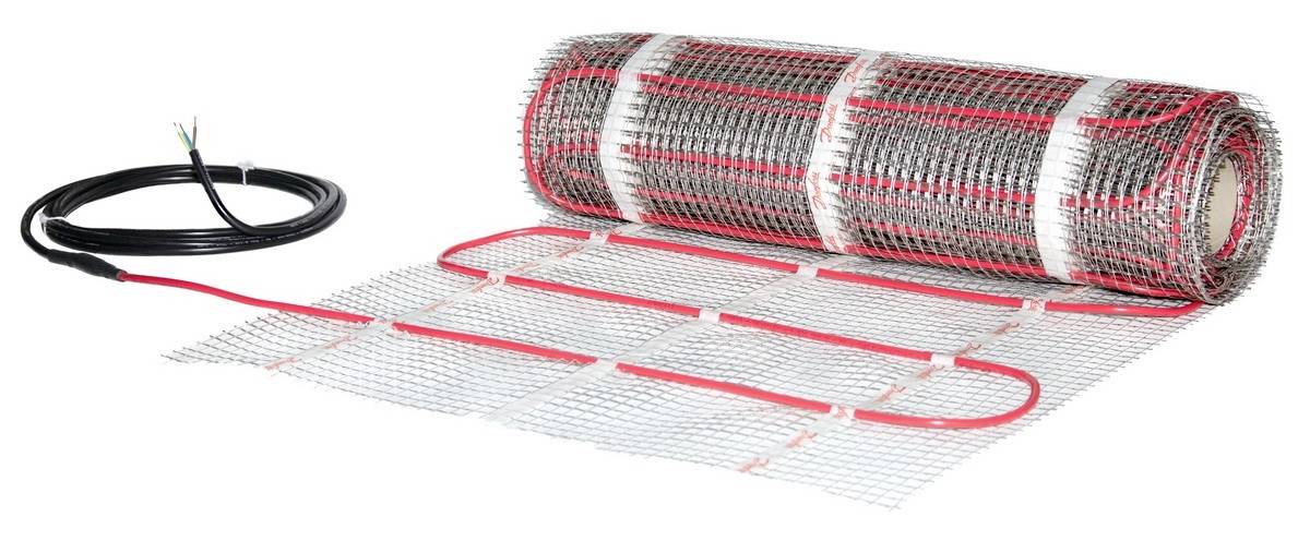 Elektro-Fußbodenheizmatte mit rotem Heizdraht und schwarzem Kabel auf weißem Untergrund, gerolltes und ausgelegtes Teil sichtbar.
