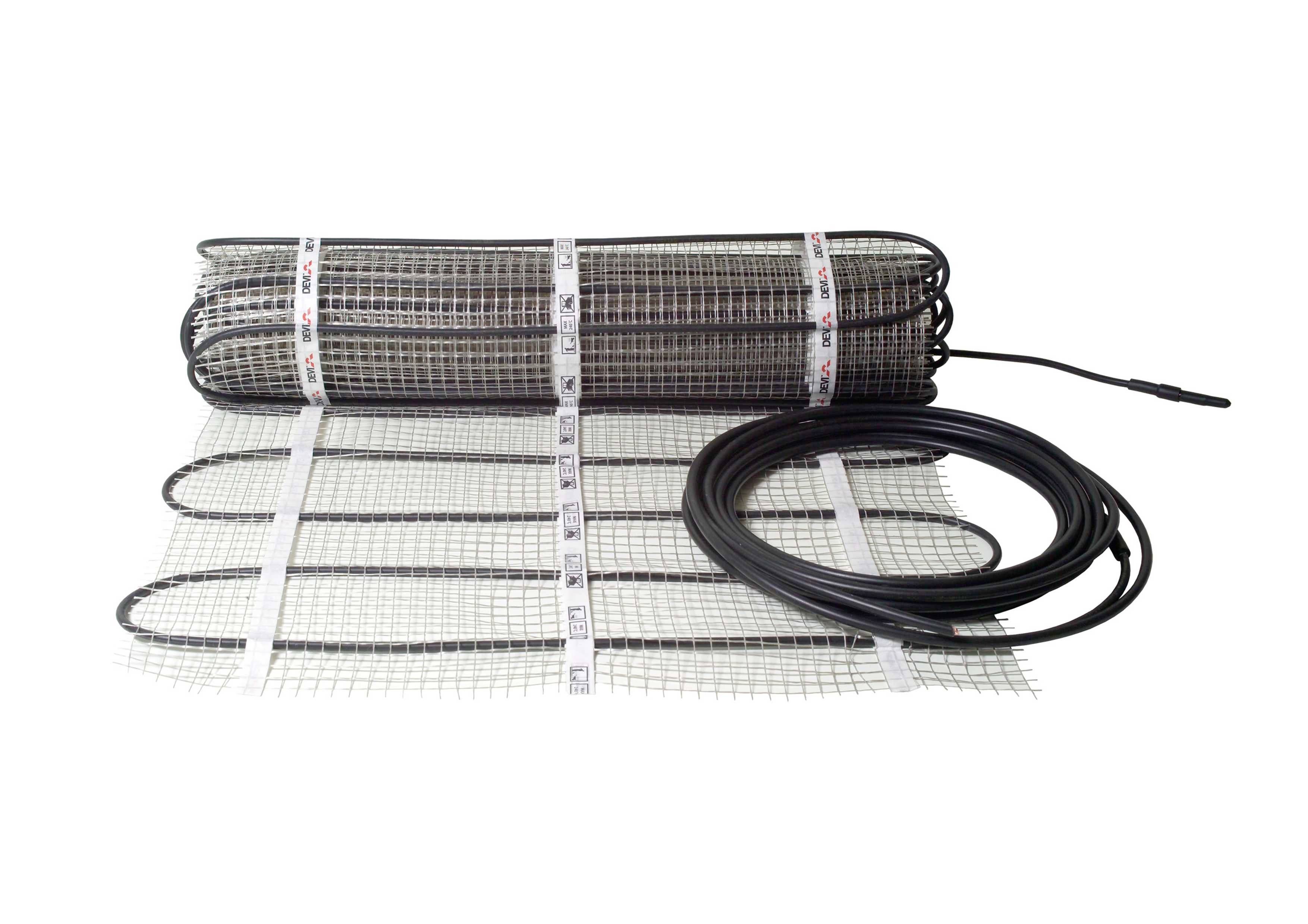 Fußbodenheizmatte ausgerollt auf Gitter mit einem schwarzen Kabel auf der rechten Seite. Geeignet für elektrische Fußbodenheizung.