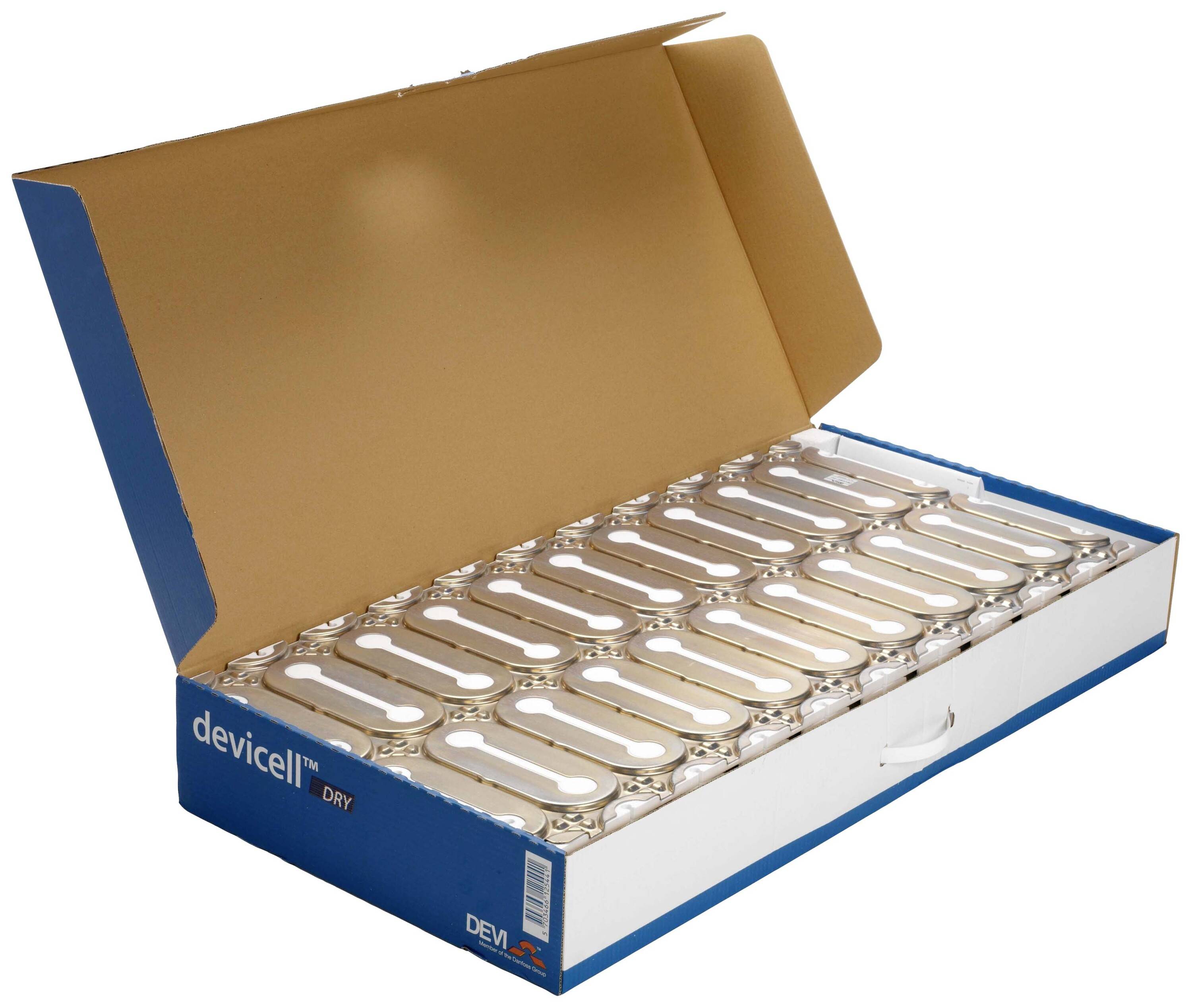 Offene Verpackung mit mehreren in einer Reihe angeordneten Batterien. Die Verpackung ist blau und mit 'devicell DRY' beschriftet.