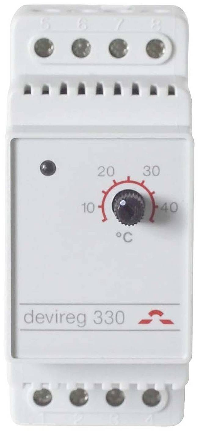 Ein Thermostat mit Drehregler zur Temperatureinstellung zwischen 10 und 40 Grad Celsius, Modellname 'devireg 330', Skala in Rot.