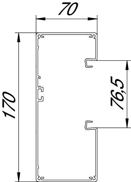 Technische Zeichnung eines Profils mit den Maßen: Breite 70 mm, Höhe 170 mm. Ein Vorsprung von 76,5 mm ist rechts zu sehen.
