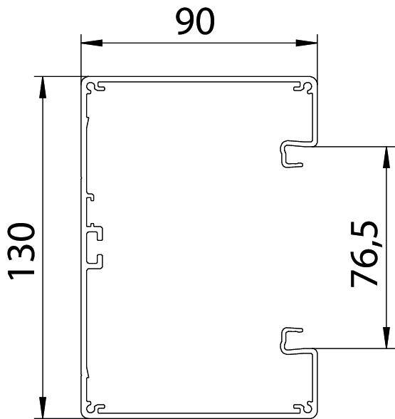 Technische Zeichnung eines rechteckigen Profils. Höhe 130 mm, Breite 90 mm, Ausschnitt auf rechter Seite 76,5 mm hoch.