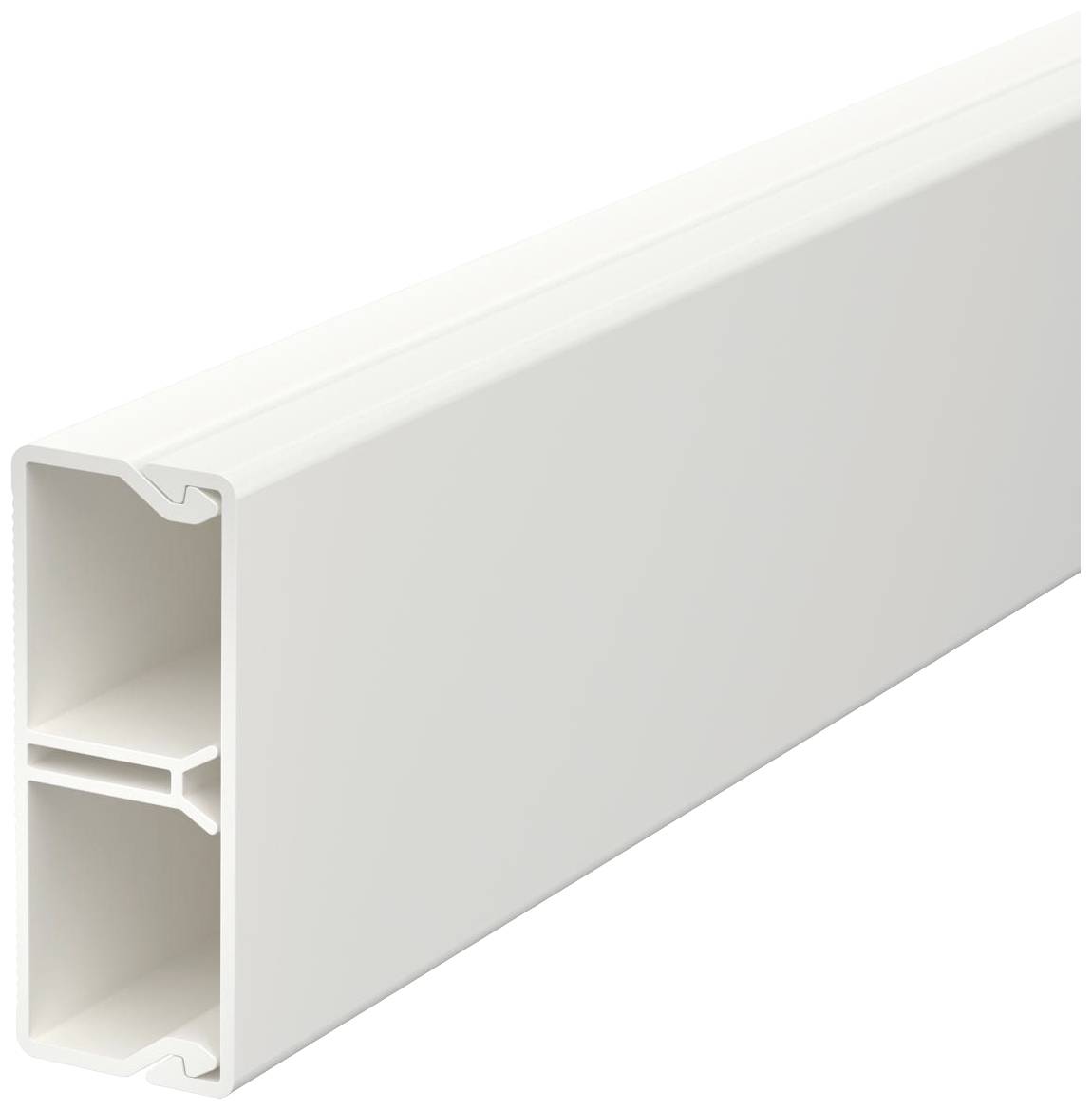 Ein weißes, rechteckiges Kunststoffprofil mit zwei inneren Kammern, seitlichem Schlitz und glatter Oberfläche.