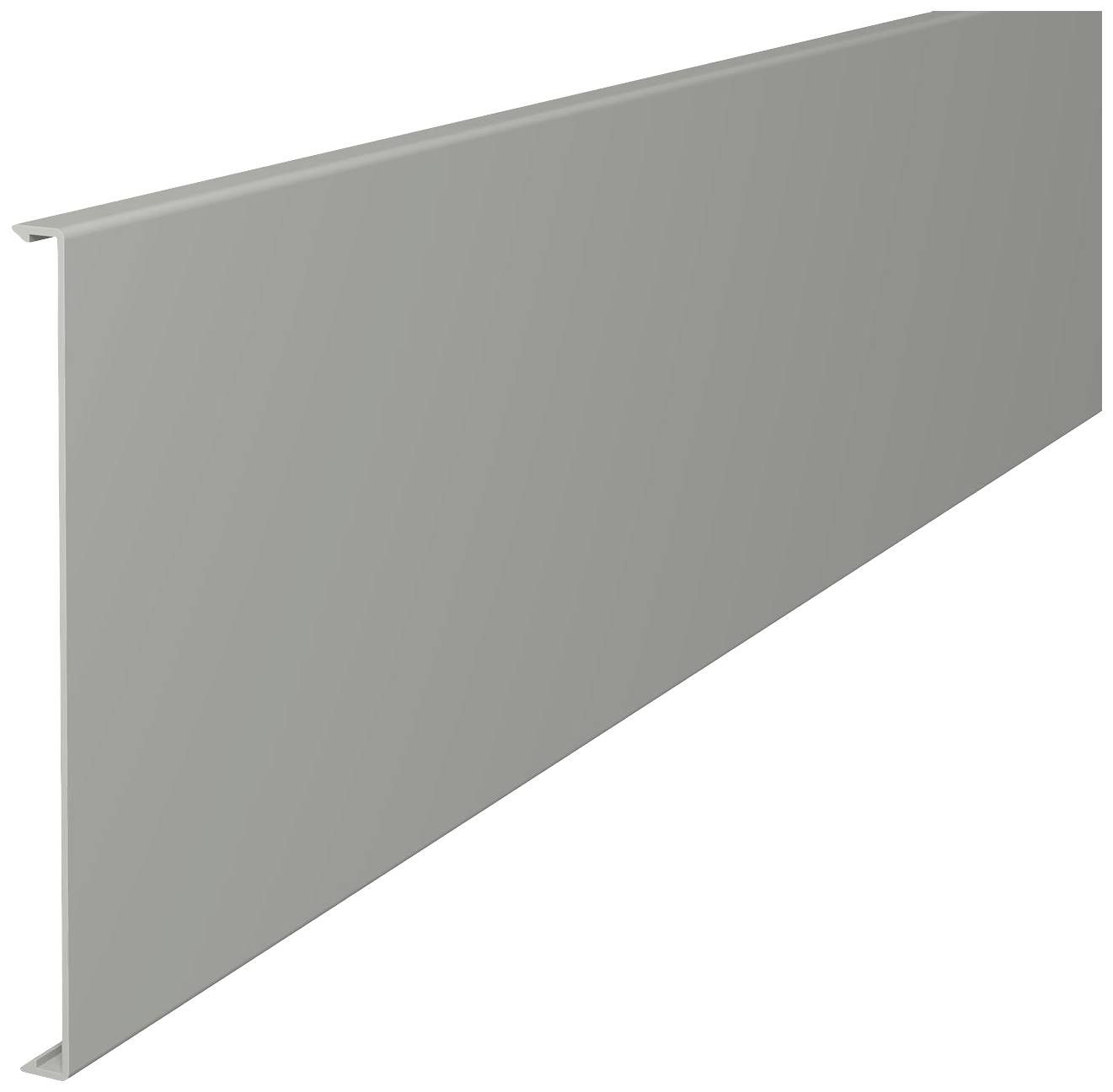 Metallpaneel mit glatter Oberfläche, grau, rechteckig, für Fassadenverkleidung. Seitenansicht zeigt Flachheit und Kantenprofil.