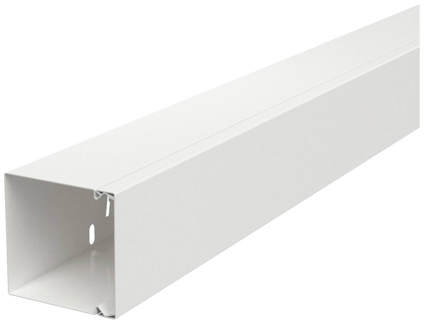 Ein weißer rechteckiger Kunststoff-Leerrohrkanal zur Kabelführung, mit einer Öffnung an der Seite, geeignet für Inneninstallationen.