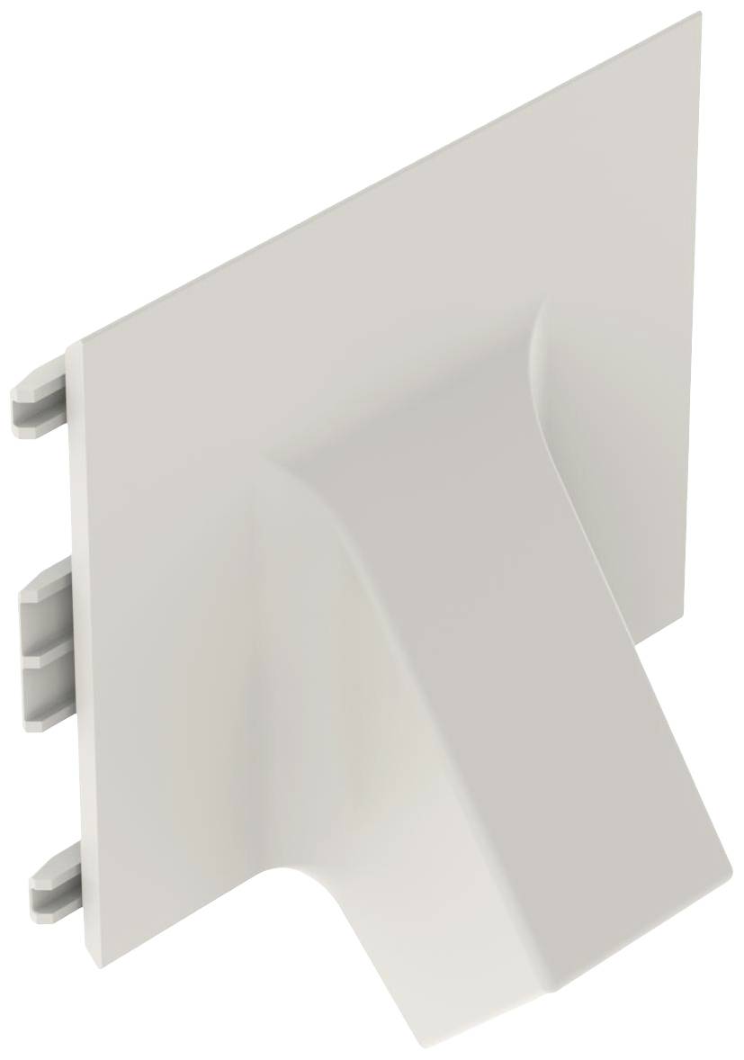 Weiße Kunststoffabdeckung mit seitlichen Clips, die für Kabelkanäle verwendet wird, um Enden sauber abzuschließen.