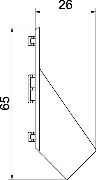 Technische Zeichnung eines Profils mit den Maßen 65 mm Höhe und 26 mm Breite. Profil zeigt eine schräg nach oben verlaufende Fläche.