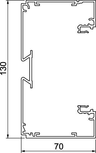 Technische Zeichnung eines Profils mit den Maßen: Höhe 130 mm, Breite 70 mm. Zeigt Querschnitt mit verschiedenen Einkerbungen und Formen.