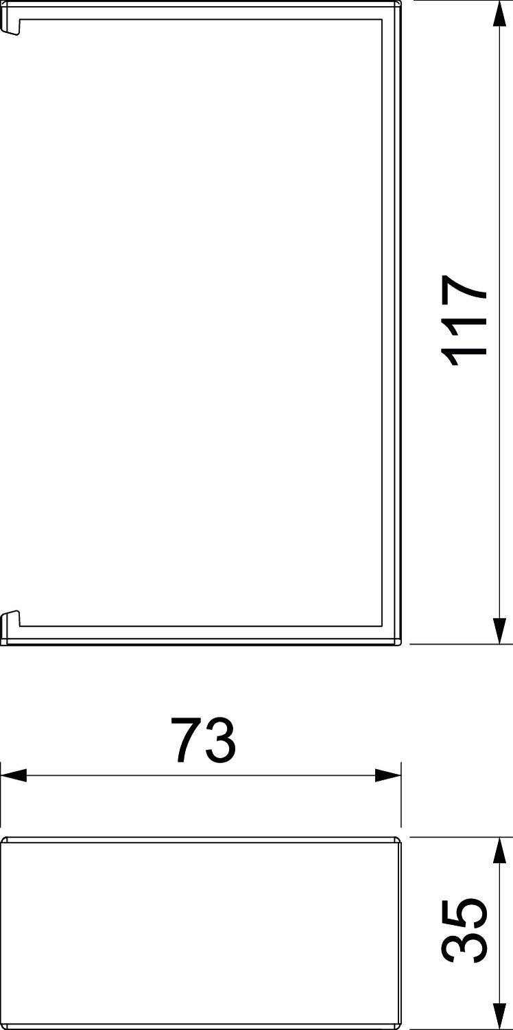 Technische Zeichnung eines rechteckigen Objekts mit den Maßen 117 x 73 x 35.