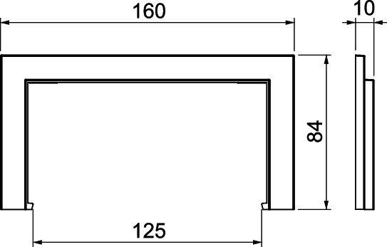 Technische Zeichnung eines Metallprofils. Maße: Breite 160 mm, Höhe 84 mm, Tiefe 10 mm, Innenbreite 125 mm. Queransicht rechts.