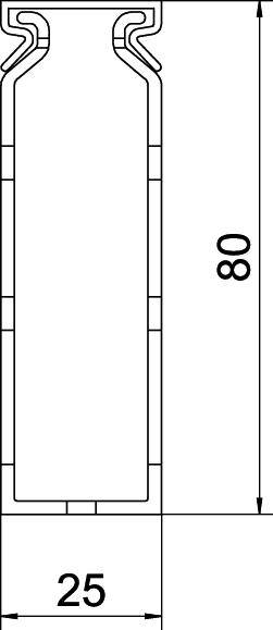 Strichzeichnung eines Flaschenprofils mit Bemaßungen: Höhe 80 mm, Breite 25 mm.