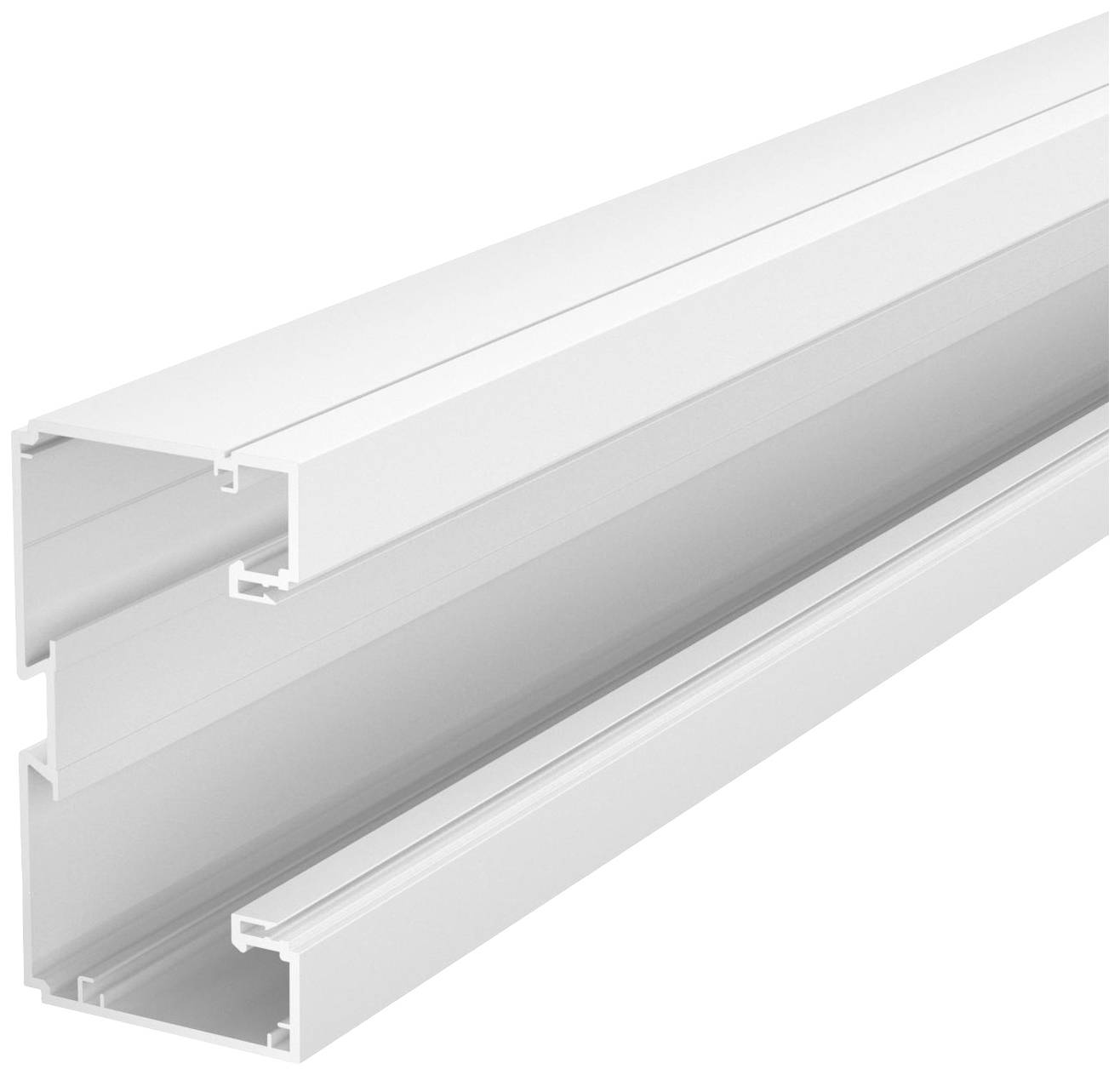 Ein weißes Aluminiumprofil, das für den Einsatz in Konstruktion und Montage bestimmt ist. Es zeigt ein Querschnittsdesign mit mehreren Kanälen.
