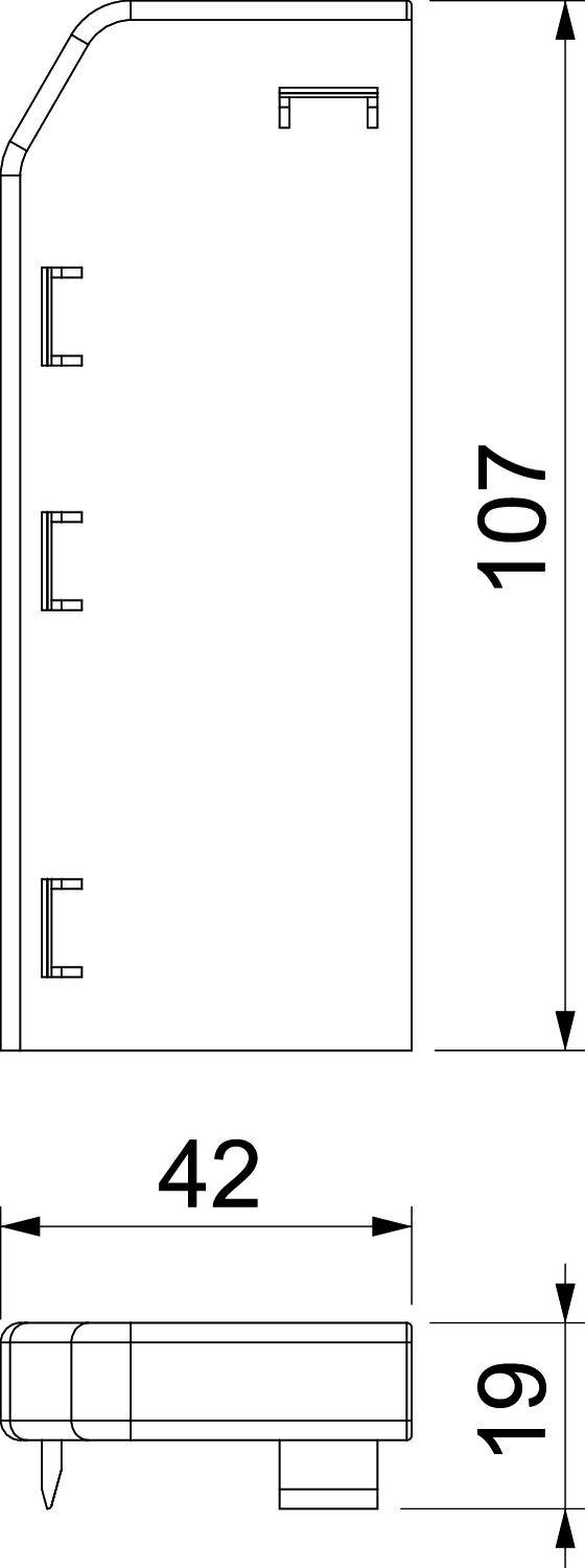 Technische Zeichnung einer seitlichen Ansicht eines rechteckigen Geräts mit Abmessungen 107 cm in der Höhe und 42 cm in der Breite.