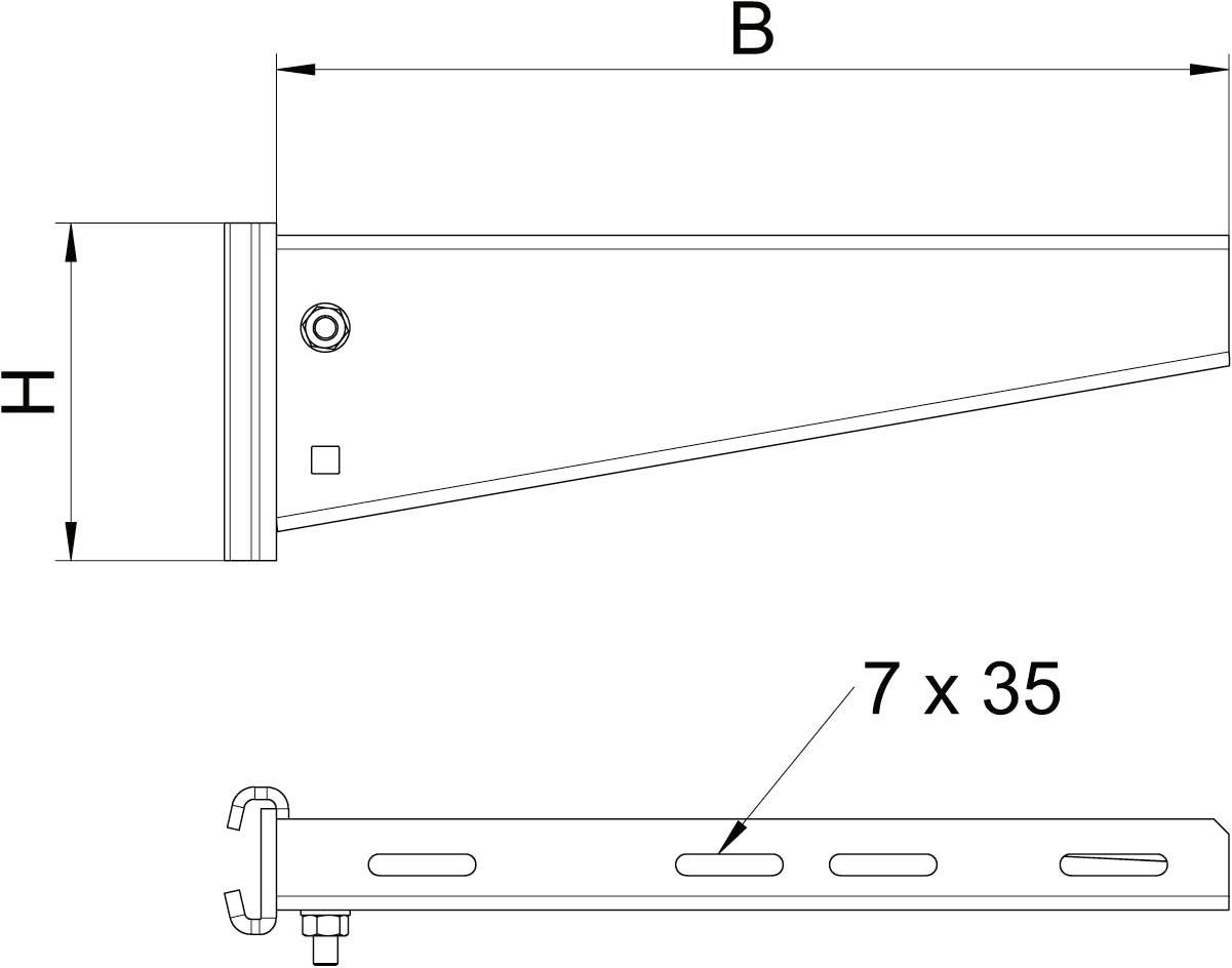 Technische Zeichnung eines Metallhalters mit den Maßen B und H. Seitlich sind mehrere Bohrlöcher, gekennzeichnet mit '7 x 35'.