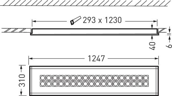 Technische Zeichnung eines rechteckigen Lüftungsgitters mit Maßen: 293 x 1230 x 40 mm, mit 1247 mm Gesamtlänge inklusive Rahmen.