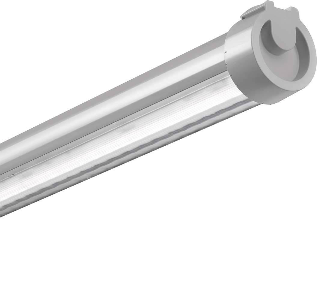 Ein silbernes LED-Lichtrohr mit rundem Endstück. Entworfen für Deckenmontage, bietet energiesparende Beleuchtung für Innenräume.