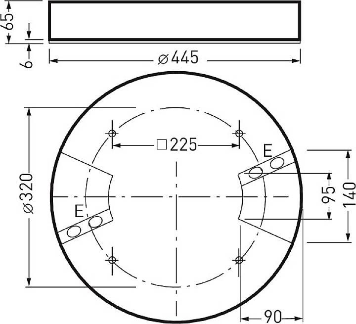 Technische Zeichnung eines runden Bauteils mit Durchmesser 445 mm, vier Bohrungen markiert und Bemaßungen für technische Spezifikationen.