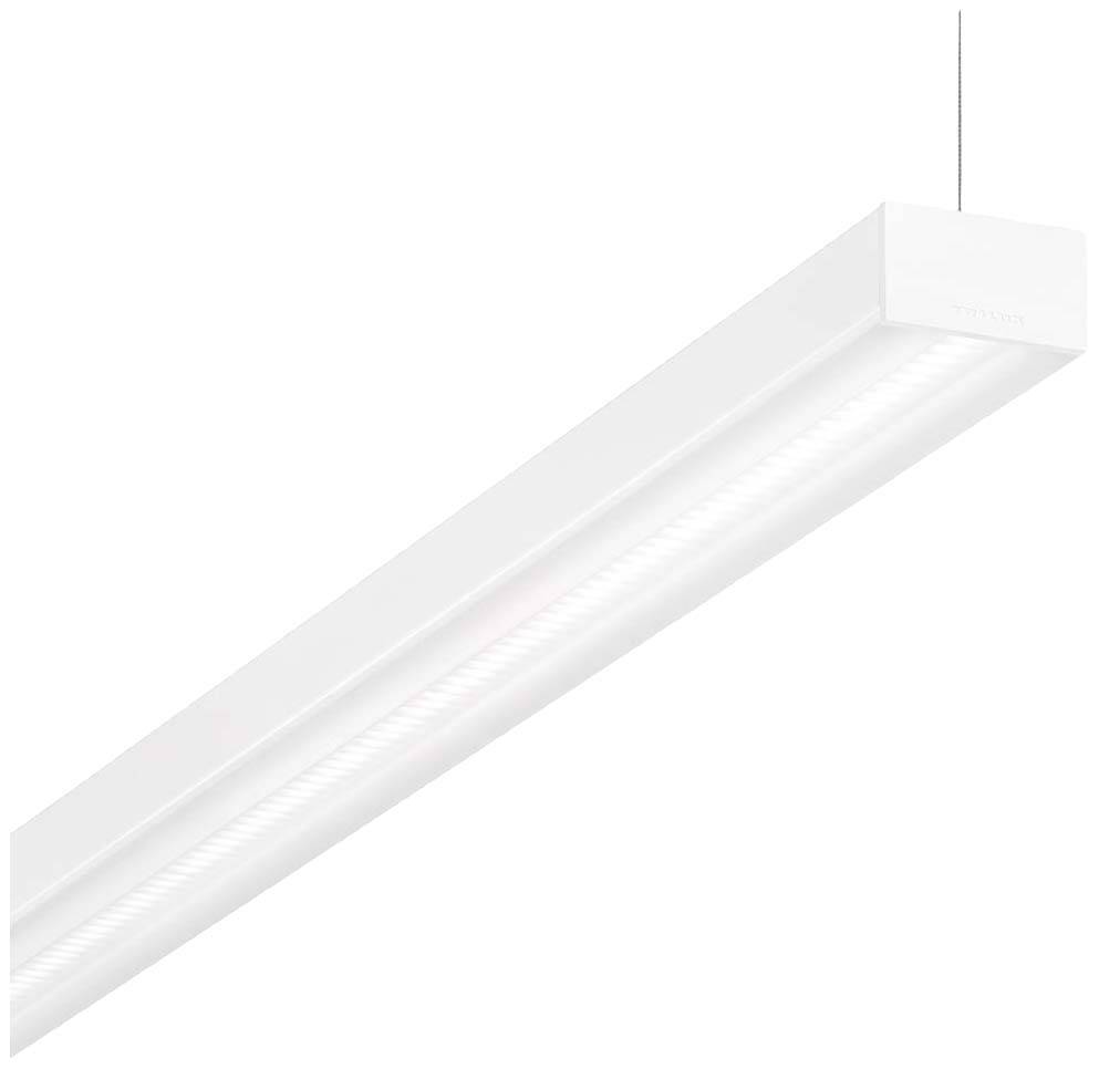 Rechteckige weiße LED-Deckenleuchte mit schmalem Design, an dünnem Kabel aufgehängt, geeignet für moderne Innenräume.