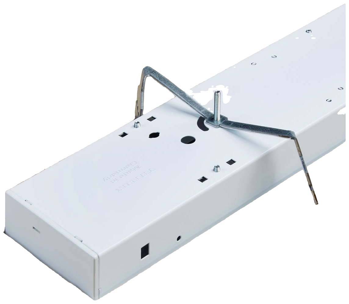 Weiße Metallhalterung mit zentralem Drehmechanismus. Geeignet für Deckenmontage oder Beleuchtungssysteme.