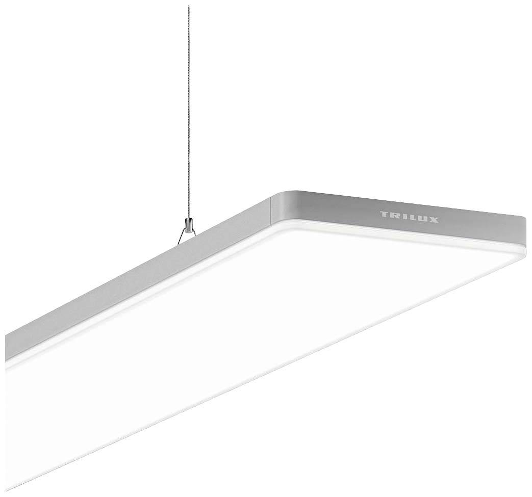 Hängelampe mit rechteckigem Design, Aluminiumrahmen und weißer Oberfläche. Markenname 'TRILUX' sichtbar auf der Seite.