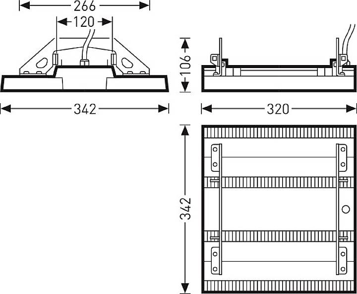 Technische Zeichnung eines rechteckigen Geräts mit Maßangaben. Oben: Breite 342 mm, Höhe 106 mm. Oben Detailansicht, unten Draufsicht.
