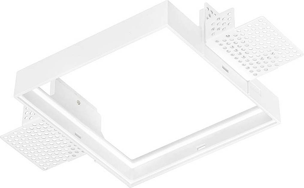 Ein weißer Einbaurahmen aus Metall mit seitlichen Montageschienen, geeignet für quadratische Deckenleuchten in modernen Innenräumen.