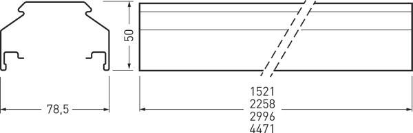 Technische Zeichnung eines Profils mit Seiten- und Vorderansicht. Maße: 78,5 mm Breite, 50 mm Höhe, unterschiedliche Längenangaben.