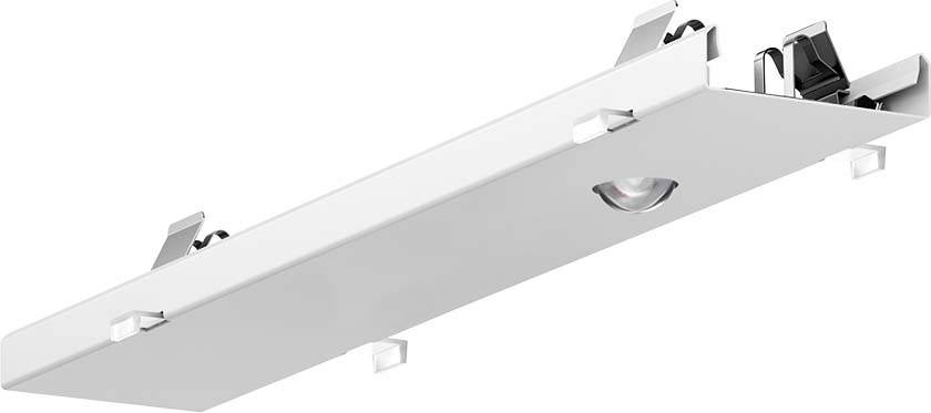 Weiße, rechteckige Leuchte mit integriertem Sensor oder Kamera auf der unteren Seite, vor neutralem Hintergrund.