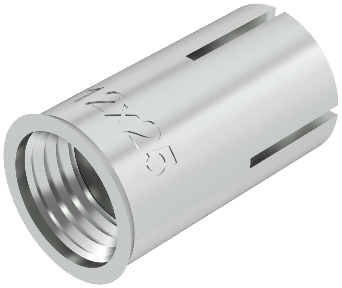 Zylinderförmiges Metallteil mit aufgedruckter Gravur 'M2x25'. Es hat ein Innengewinde und zwei längliche seitliche Schlitze.