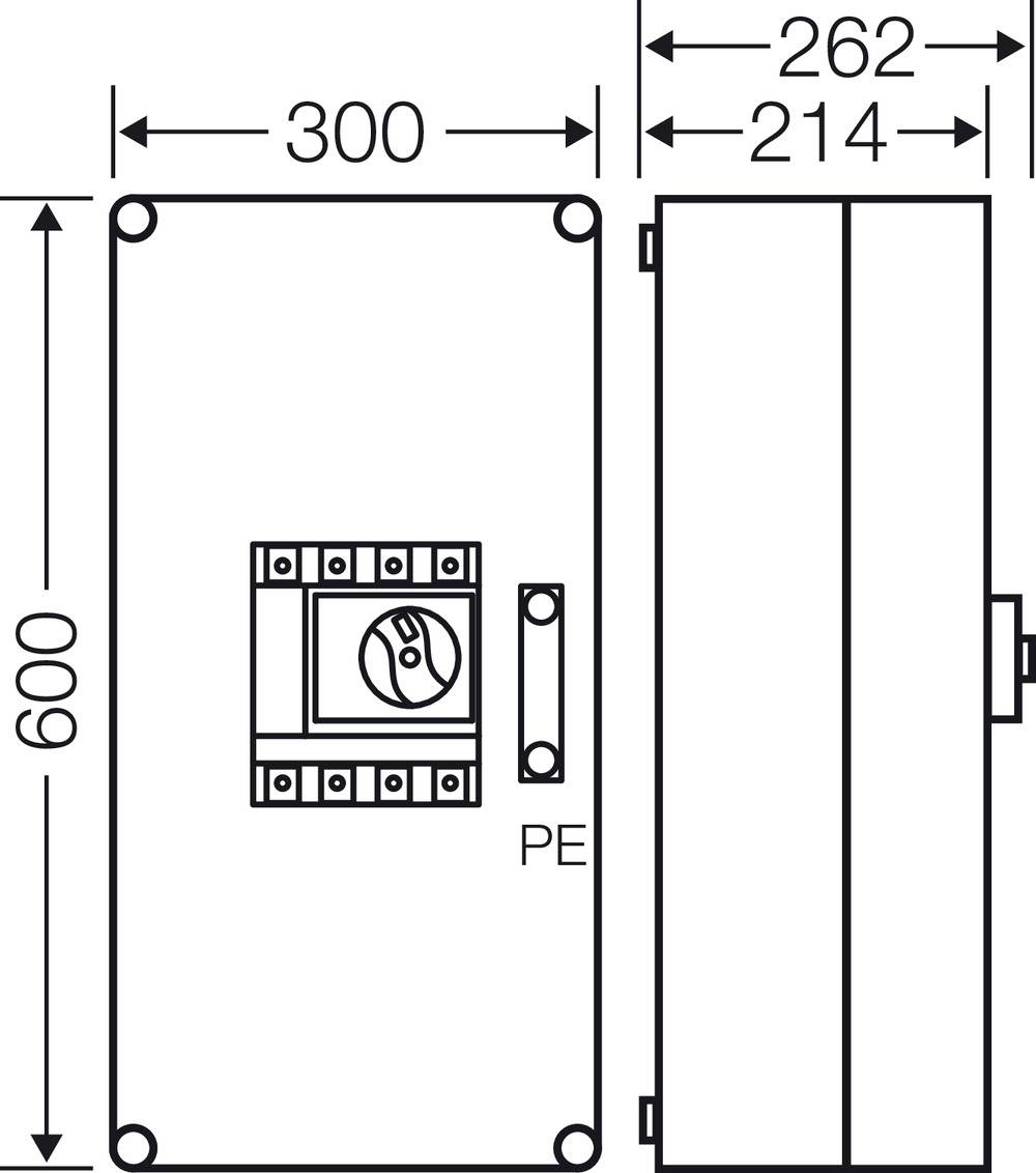 Technische Zeichnung eines rechteckigen Gehäuses mit den Maßen 600x300 mm. Seitlich sind 262 mm und 214 mm Maße angegeben.